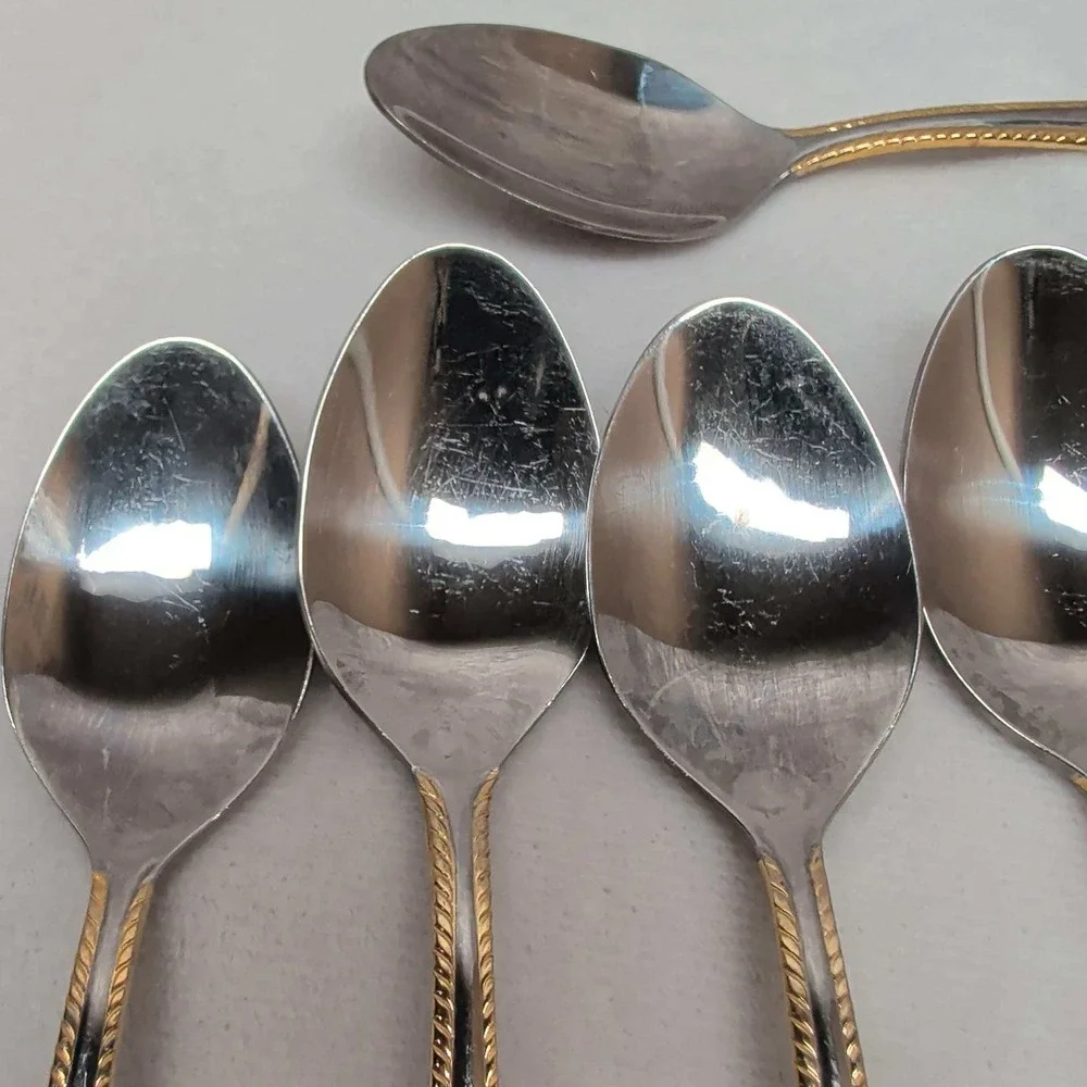 International Stainless China Teaspoons 8 Piece Set Rope Edge Gold Trim 6.25in